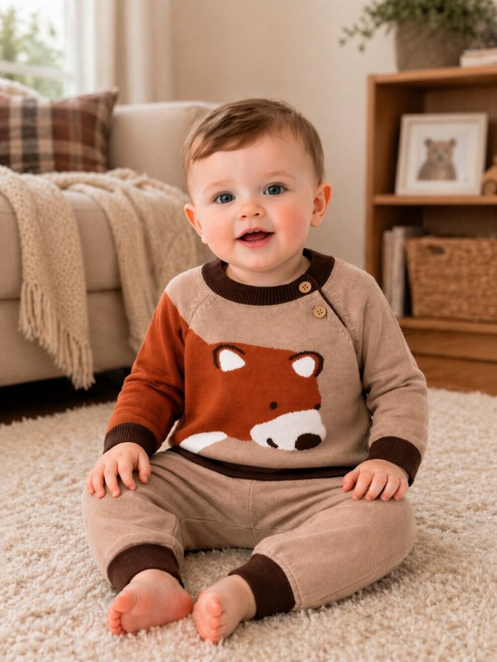 NWT Okie Dokie 12M Baby Boy 2-Piece Bear Sweater Set Knit Outfit Brown Tan